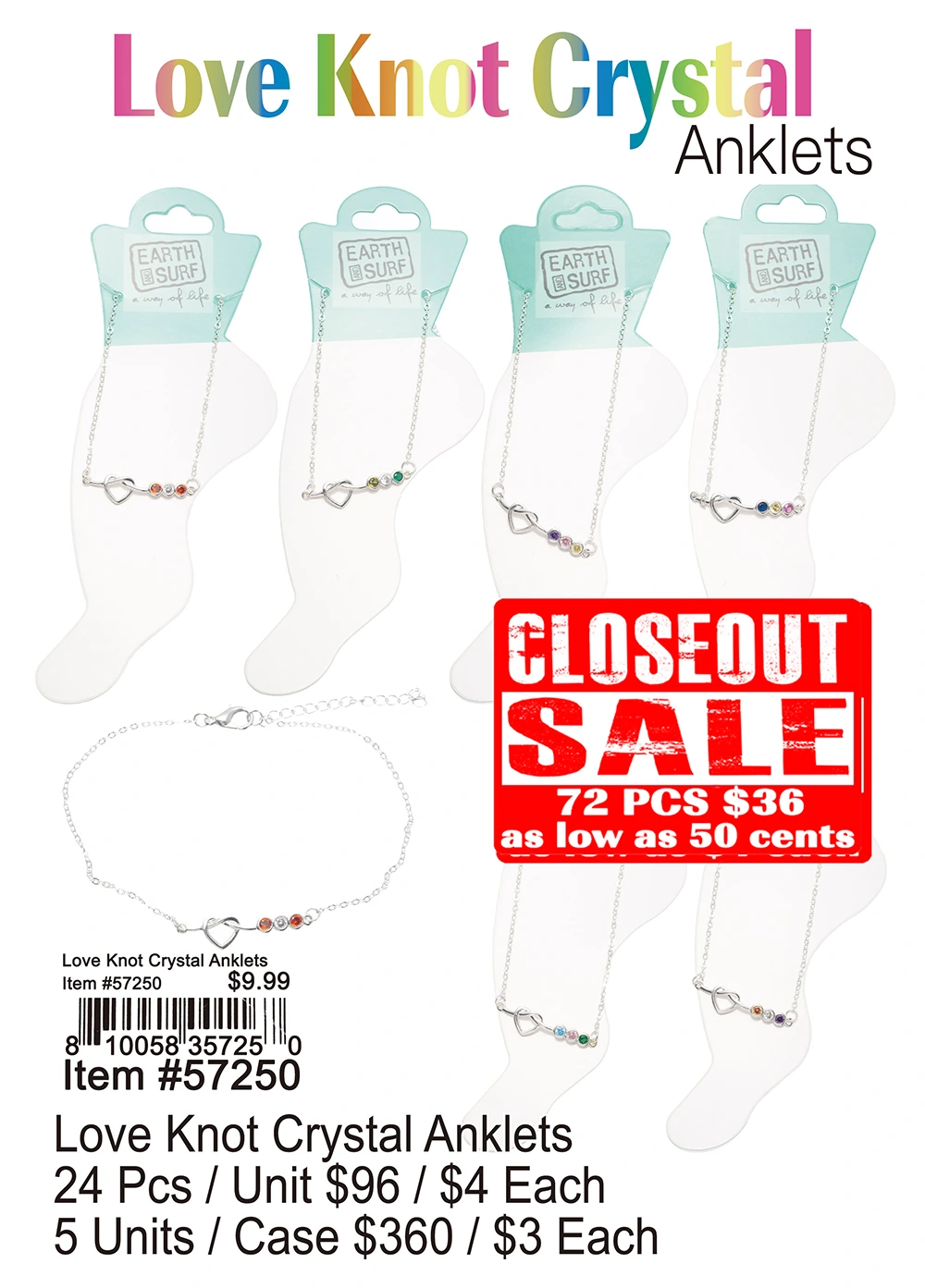 Love Knot Crystal Anklets - Closeout 72 Pcs.